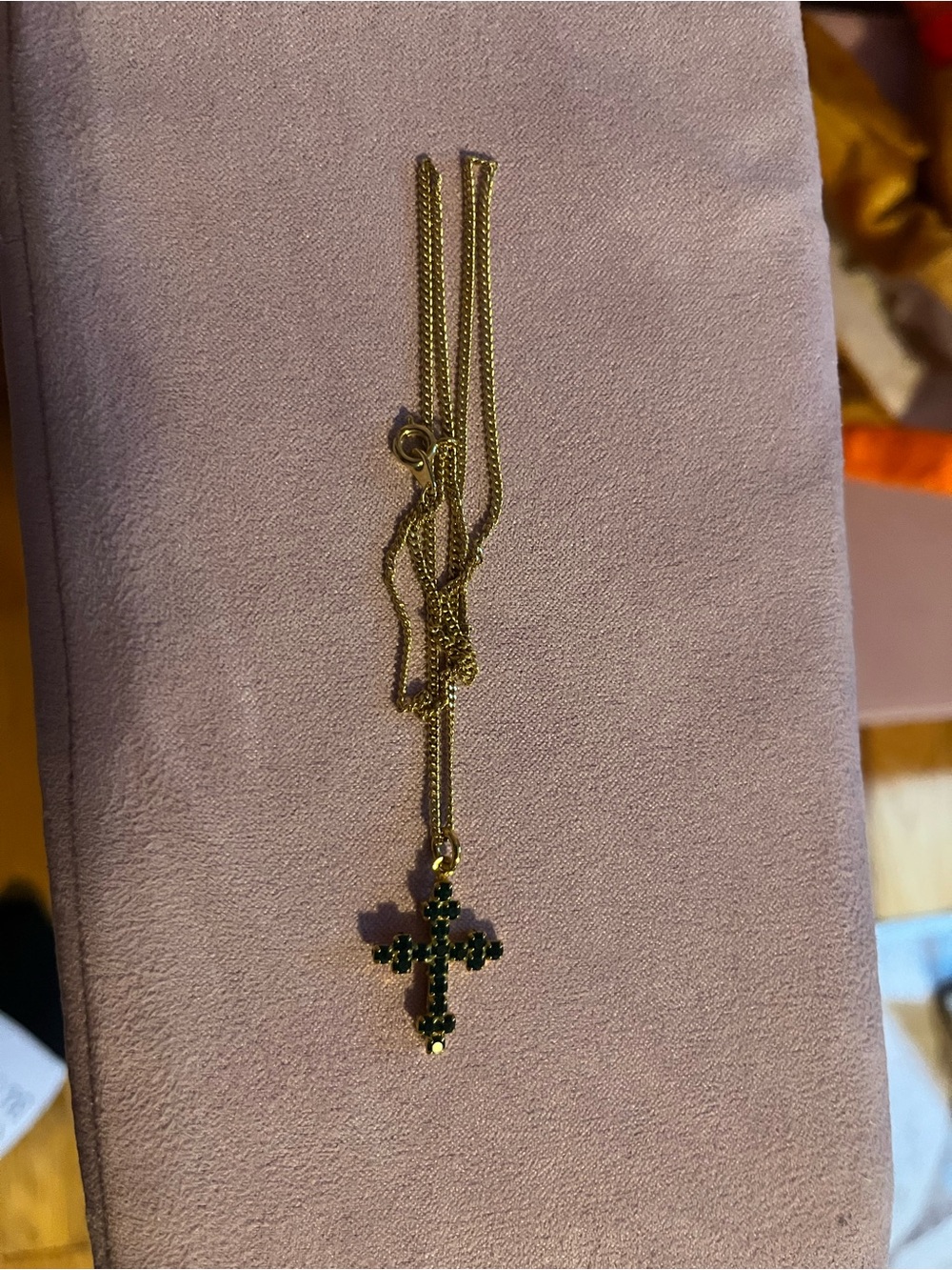 Gold tone Cross Pendant Necklace with Green Stones - Women Jewelry